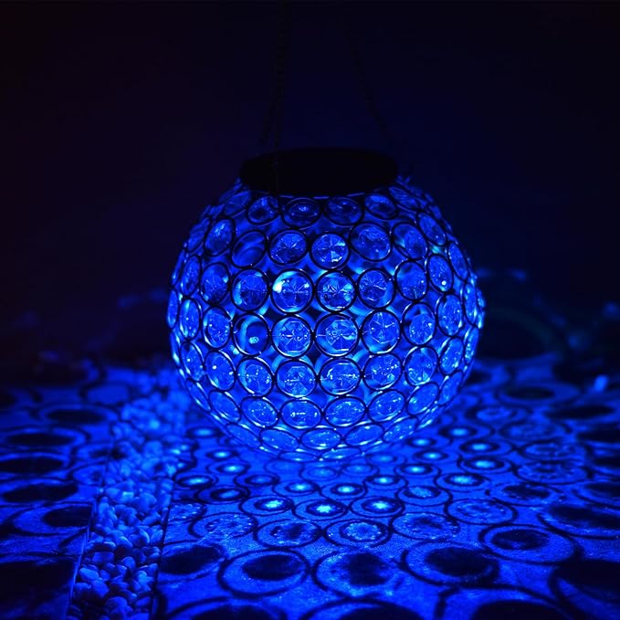 Solar Lantern Hanging Outdoor Christmas Decorative, Dual LEDs Color Changing and Blue Crystal Globe Lamp Hanging Light Waterproof with S Hook Decor in Garden, Pathway, Front Door- Blue