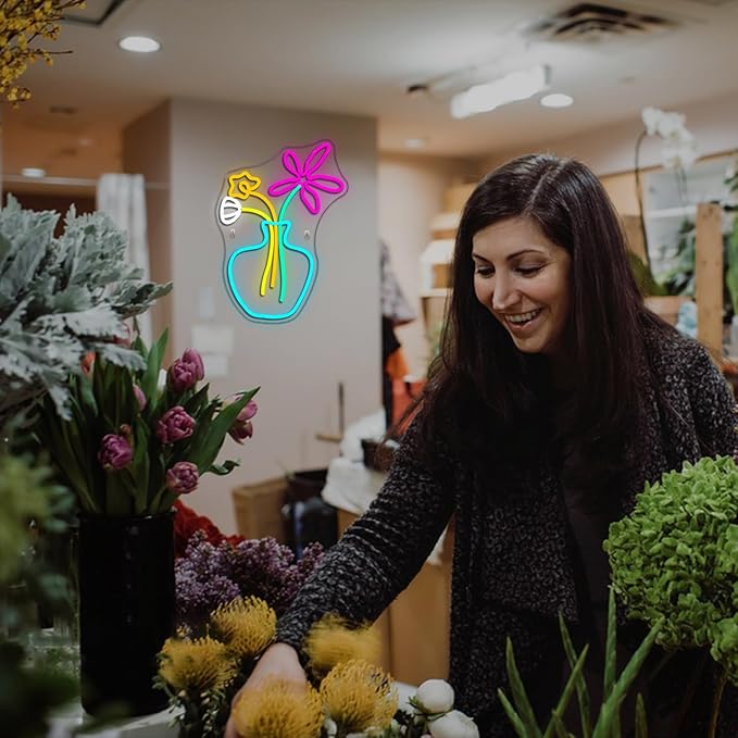 Flower Vase Neon Sign,Dimmable Neon Lights,Neon Flowers Sign for Wall Decor,Anime Flower Shape USB Connectivity Light Up Neon for Kids Room Girls Room Bar Birthday Party