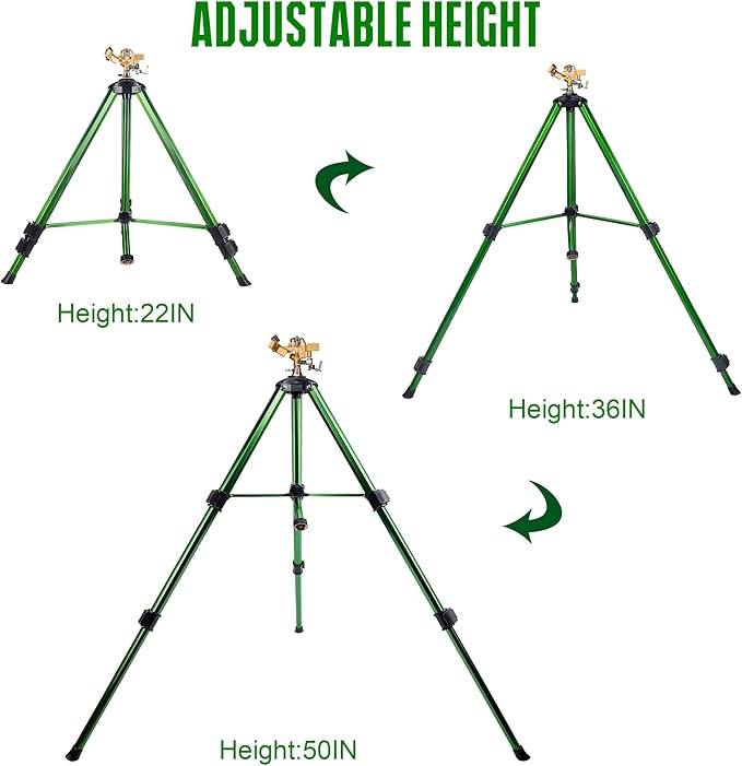 Biswing Impact Sprinkler Head on Tripod Base, Extends Up to 50 Inch Heavy Duty Lawn Sprinkler, 360 Degree Large Area Irrigation, Adjustable Coverage Brass Nozzle Alloy Metal Tower Sprinkler, 2 Pack