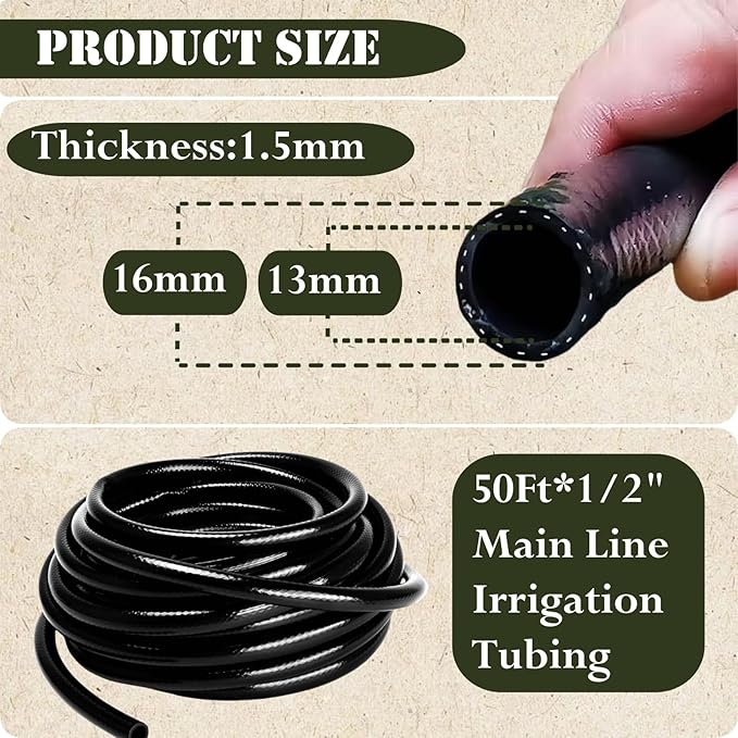 1/2in. Drip Irrigation Tubing - 50FT Drip Line Irrigation System Parts for Garden(Includes 1/2" Straight Connector,Switch Valves, T Connectors, 1/2" to 1/4" Tubing Reducers, Cable Zip Ties)