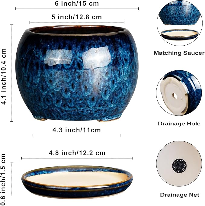 SQOWL 6 Inch Plant Pot - Ceramic Planter Pot with Drainage Hole and Saucer, Succulent Pot Round Flower Pot for Indoor Plants Outdoor, Blue