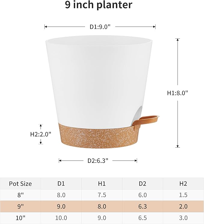 FaithLand 2-Pack 9 Inch Planter Pots for Indoor Outdoor Plants, Self Watering Flower Pots with Deep Reservoir, White with Terracotta …