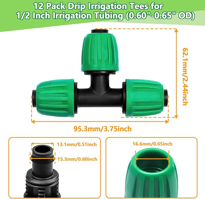 12 Pack 1/2 Inch Drip Irrigation Tee (1/2" ID x 0.65" OD), Drip Line Irrigation Locked Barbed 3 Way T for 1/2'' Irrigation Tubing Anti Leak Irrigation System Tee Fittings