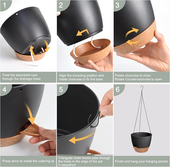 Hanging Planters for Indoor Outdoor Plants, 2 Pack Self Watering Hanging Pot with Drainage Holes & Removable Tray (Black, 8'')