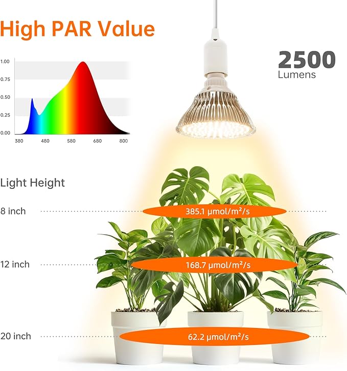 Hanging Grow Light with Wall Mounted Bracket, 25W, 3000K Led Plant Light Bulb, Full Spectrum Pendant Grow Light with Timer, 16.4 FT Power Cord, Decorative Grow Light for Indoor Plant