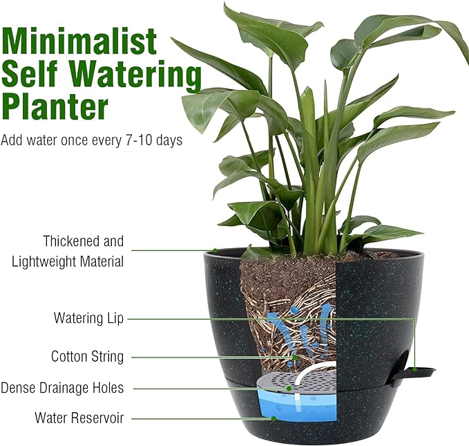 12 inch Large Self Watering Pots, Planter, Plant Pots with Mesh Drainage Holes for Indoor Outdoor House Plants and Garden, Plastic Flower Pots with Reservoir, Black with Green Speckles