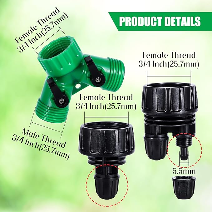 5 Pcs Hose Adapter Kit, Y Water Splitter 1-Way/2-Way Convert 3/4 Inch Female GHT to 1/4 Inch Irrigation Tubing Connectors, Garden Faucet Connectors for Irrigation Misting System