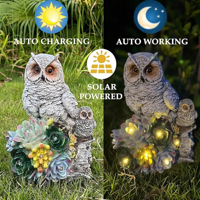 Mother Owl and Child Garden Statue on a Log with Succulent Led Solar Light Outdoor Scuplture Lawn Patio Yard Décor Owl Family Figurine with 7 Led Lights in Plants (Owl Solar)