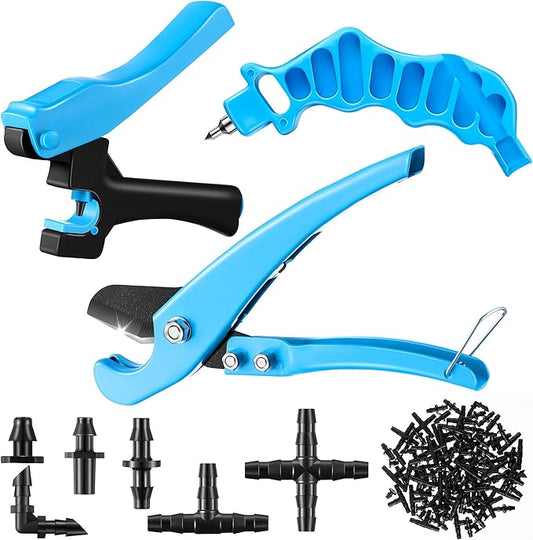 Feekoon Drip Irrigation Tubing Cutter Hole Punch Tools with 115 Irrigation Plugs, 2 in 1 Drip Irrigation Tubing Hole Punch for Easier 1/4" Inch Fitting 16 20 25 mm PE Pipe and Emitter irrigate