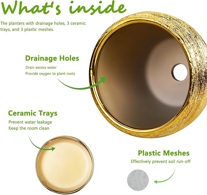 Flower Pots for Indoor Plants- Ceramic Pots for Plants 10 Inch 8 Inch 6 Inch Plant Pots with Drainage Holes and Saucers Decorative Large Planters for Outdoor Plants Set of 3 Gold