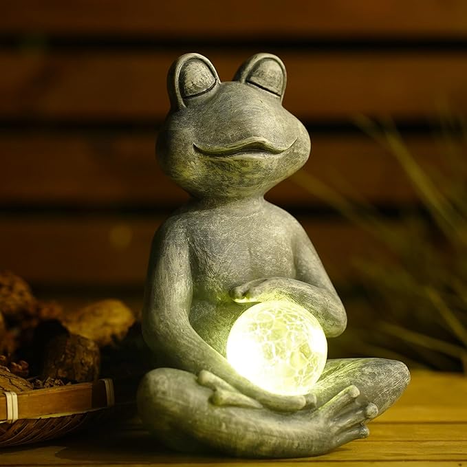 Meditating Yoga Frog Statue with Solar LED Light Ball - 10L x 11.1H Zen Garden Frog Figurines for Home and Garden Decor, Frog Decorations Gift Ideas, Frog Gifts for Women Mom