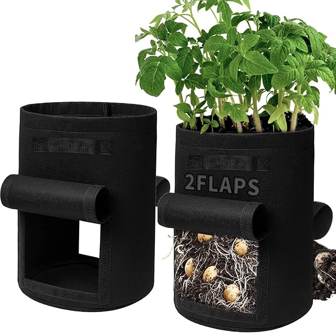 2-Pack 15-Gallon Grow Bags with 2 Flaps and Reinforced Handles,Non-Woven Potato Grow Bags, Heavy-Duty Thickened Aeration Fabric Pots for Potatoes, Tomatoes, Flowers, and Vegetables