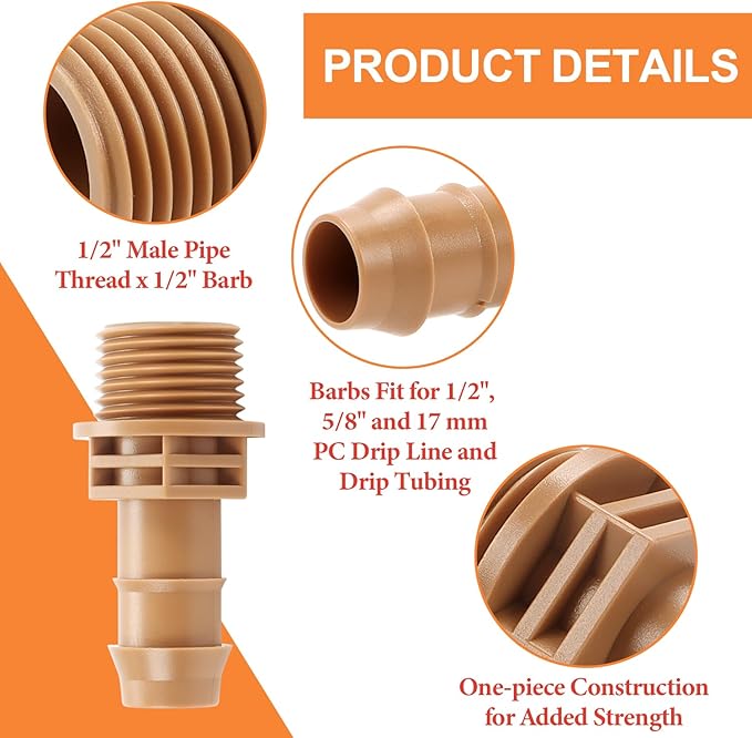 12 Pieces 1/2 Inch PVC to 1/2 Inch Drip Irrigation Adapter Fittings, 1/2" Male Pipe Thread(MPT) x 1/2" Drip Line Barbed Coupling Connectors 1/2-in PVC to 1/2-in Poly Tubing Adapter