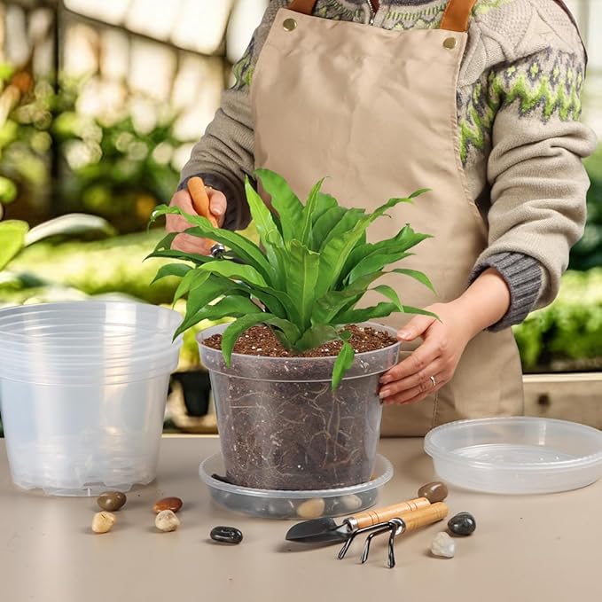 7 Pack 8 Inch Clear Nursery Pots with Saucer, Transparent Plastic Plant Pots with Drainage Holes, Sturdy Plant Starter Pots, Garden Planter Pot for Planting Succulents Flowers Herb Vegetables