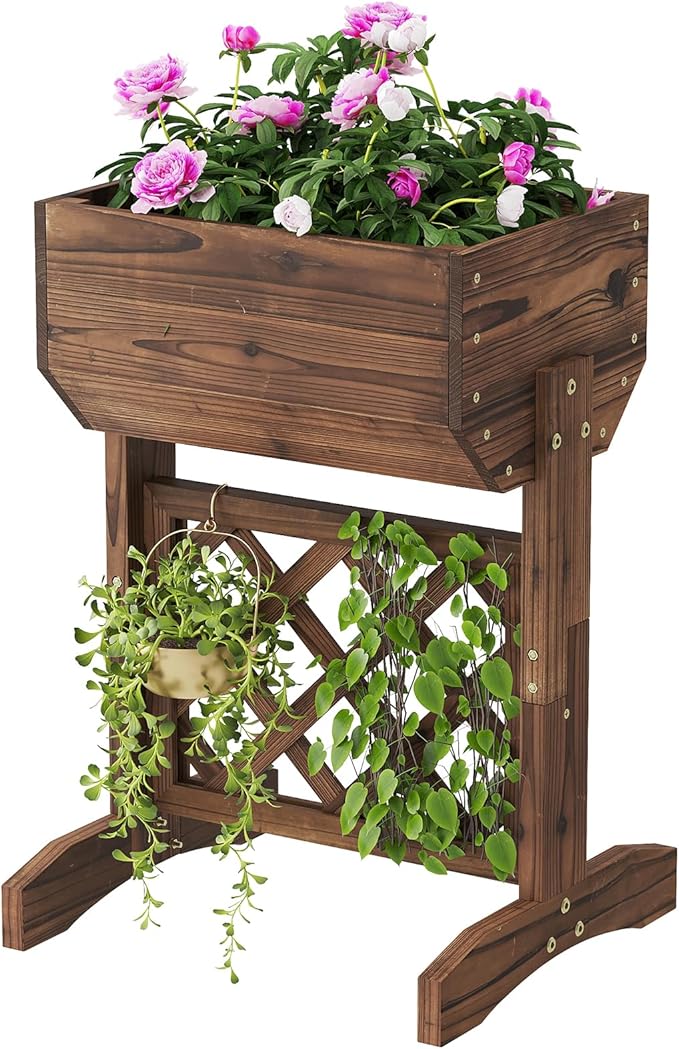 Raised Garden Bed, Standing Vertical Horticulture Planter Box for Backyard, Patio, Balcony, Planter for Flowers Herbs Vegetables for Indoor & Outdoo Decor with Trellis (Carbonized)