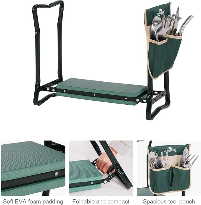 LUCKYERMORE Garden Kneeler and Seat Heavy Duty Gardening Bench for Kneeling and Sitting Folding Garden Stools with Tool Pouch and Kneeling Pad