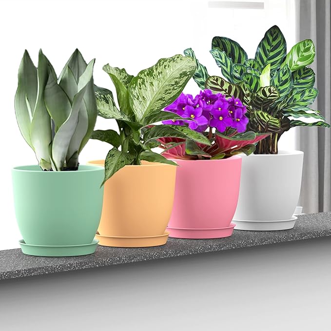 6 Inch Plant Pots, 12 Pack Plastic Planters Modern Flower Pot with Drainage Holes and Saucers for All House Plants, Herbs, Flowers and Seeding Nursery, Colorful