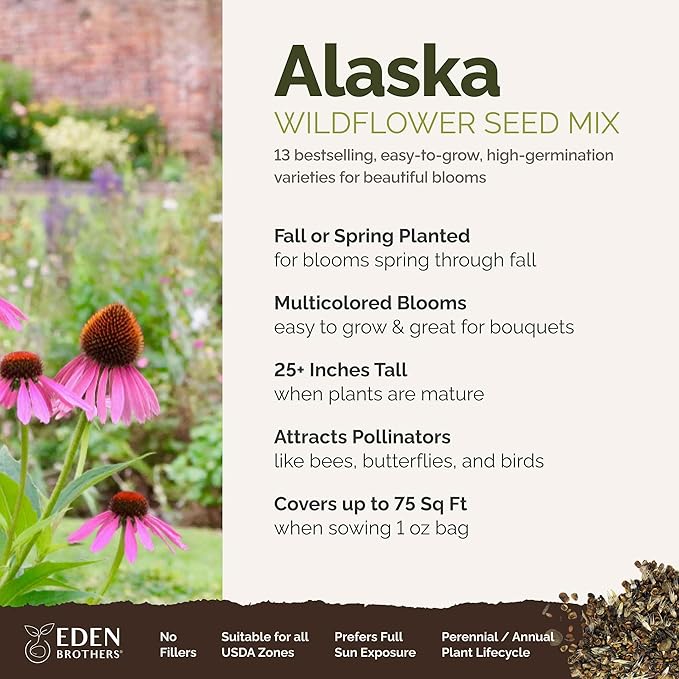 Eden Brothers Alaska Wildflower Mixed Seeds for Planting, 1 oz, 30,000+ Seeds with Yarrow, Foxglove, Cornflower | Attracts Pollinators, Plant in Spring or Fall, Zones