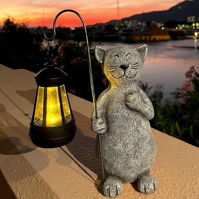 lightsfever Animal Garden Statue with Solar Lantern, Cute for Patio,Balcony,Yard, Lawn, Gift for Grandma, Garden Gifts Women, Outdoor Decor, Gardening Gifts (Gray Cat)