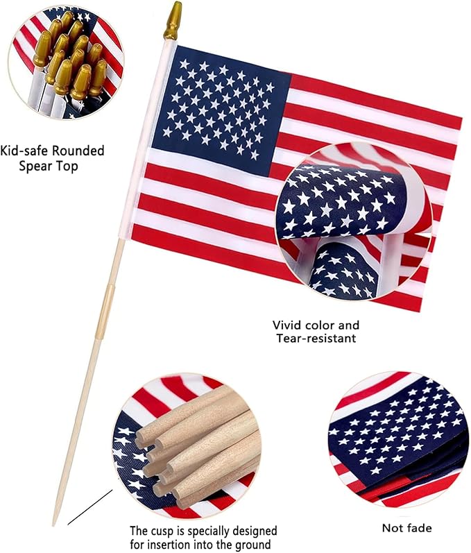 24 Pack 12x18 Inch American Flags For outside, US Flags with Kid-Safe Spear Top, Pluggable ground Multi-Purpose wood Flagpole , Patriotic Decorations, Memorial Day, 4th of July decorations,Independence Day Patriotic Holiday Yard Garden Flags