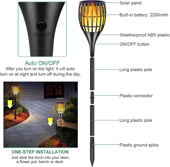Outdoor Solar Lights Upgraded,Waterproof Flickering Flames Torches Lights Solar Spotlights Landscape Decoration Lighting Dusk to Dawn Auto On/Off Security Torch Light for Patio Driveway, 4P