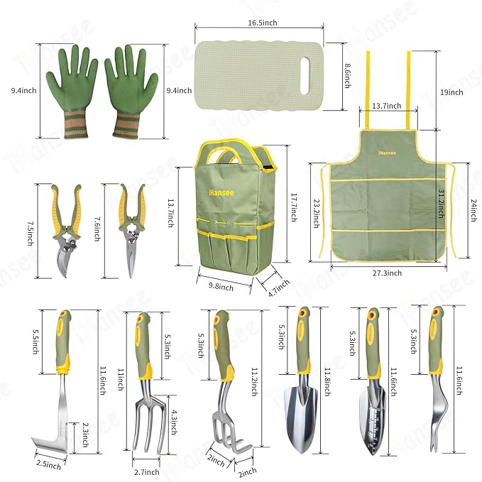 Set of 12 Garden Tool, iHansee Heavy-Duty Aluminum Gardening Hand Tools with Rubber Non-Slip Handle, Garden Apron, Gloves, Kneeling Pad and Storage Bag, Garden Hand Tools Starter Kit Landscaping Tools