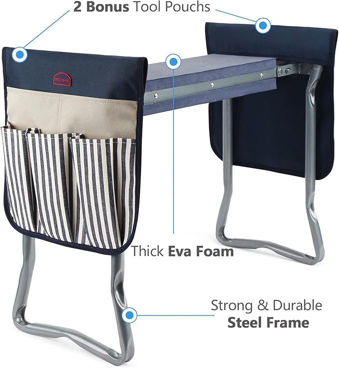 G GOOD GAIN Gardening Stool Widen Soft Kneeling Pad Garden Kneeler and Seat with 2 Larger Tool Pouches Outdoor Foldable Sturdy Gardening Tools Gifts for Gardeners, Navy