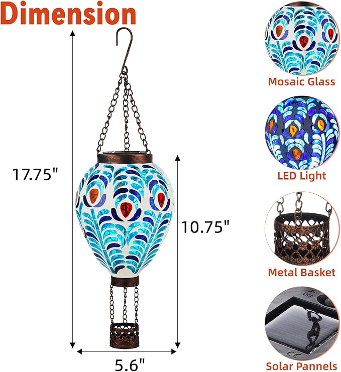 VOREEN Hot Air Balloon Solar Lantern, Mosaic Solar Outdoor Hanging Wind Light, Waterproof, Patio Festive Decor, Easter Gifts for Mom Father Grandma, Peacock Feather Design
