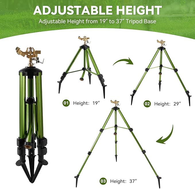 2 Pack Tripod Sprinklers for Yard,Nalupatio Impact Sprinkler on Tripod Base,Heavy Duty Brass Sprinklers,270 Degree Large Area Irrigation,3/4 Inch Connector Sprinkler with Legs Flip Locks for Lawn/Yard