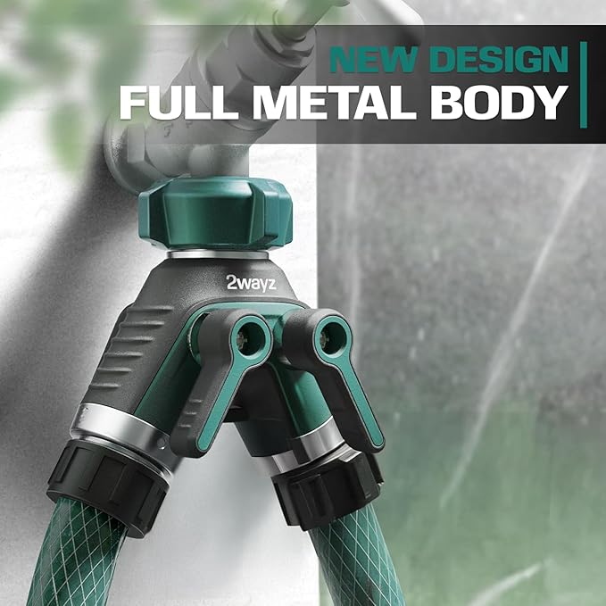 2WAYZ Dual Outlet Water Hose Splitter - Heavy-Duty Brass Y Connector, 360° Rotation, Easy Installation, Leak-Proof Design with Spigot Extender - Ideal for Garden, Washing Machines, Outdoor Faucets