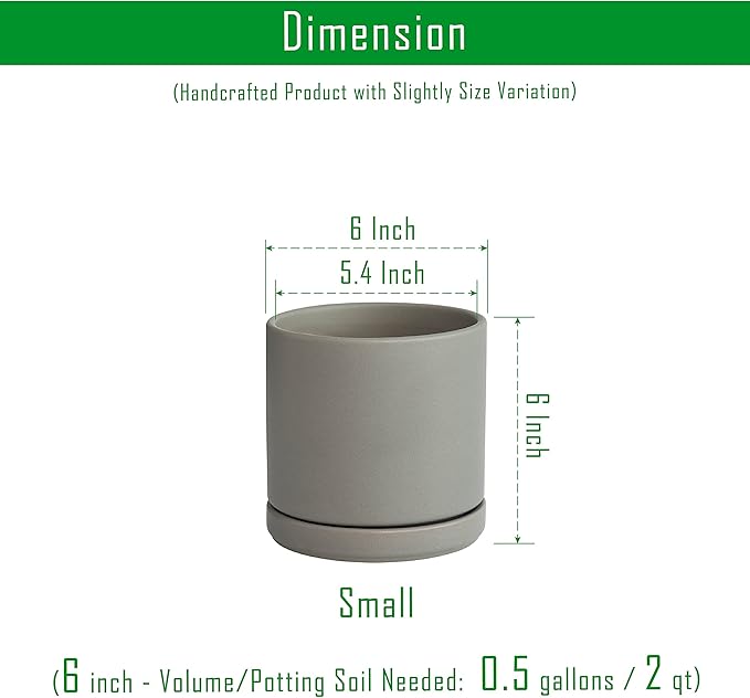 D'vine Dev Set of 2 Plants Pots, 6 Inch Ceramic Planter Pot for Plants with Drainage Hole and Saucer, Speckled Grey, 94-V-C-3