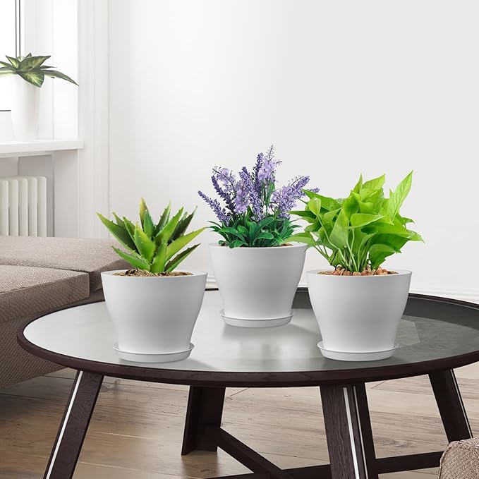 6 inch Plastic Nursery Pots, Seedling Pots, 16 Pack Plant Pots for Small Indoor Outdoor Plants, Flower Pots with Drainage Holes and Saucers, Decorative Planters for House Plants, White