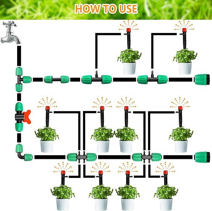 Drip Irrigation Fittings for 1/2 Inch Tubing, 24 Pcs Set 1/2" Drip Line Barbed Locked Nut Connectors - 5 Couplings, 4 Tees, 4 Reducing Tee, 4 End Cap, 3 Elbow, 2 Switch Valves, 2P 3/4" Faucet Adapters