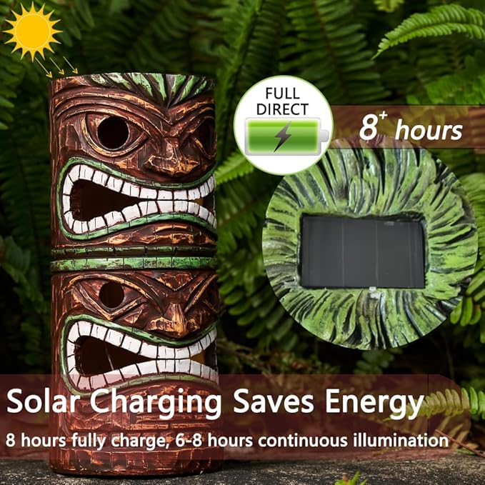 Solar Tiki Statue Outdoor Decor-Garden Large Tiki Statue-Solar Totem Pole Tiki Bar Decoration for Lawn Patio Yard,10 Inch Tall