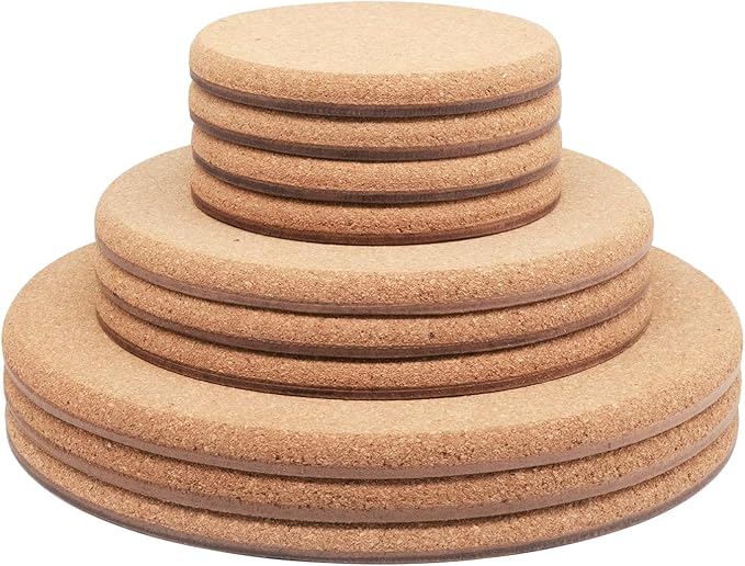 Cork Plant Coasters, 3 Sizes Double Layers Hard Thick Cork Planter Coaster, 4/6/8 Inch Absorbent Cork Plant Mats, Cork Trivets for Hot Dishes, Cork Plant Coasters for House Plants, 10 Pcs