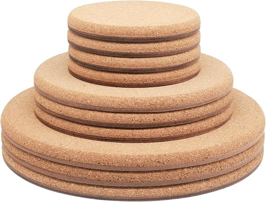 Cork Plant Coasters, 3 Sizes Double Layers Hard Thick Cork Planter Coaster, 4/6/8 Inch Absorbent Cork Plant Mats, Cork Trivets for Hot Dishes, Cork Plant Coasters for House Plants, 10 Pcs