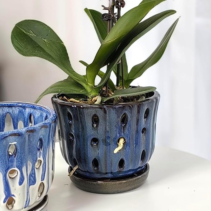 6 inch Round Ceramic Orchid Pot with Holes Orchid Planter (Dark Blue)