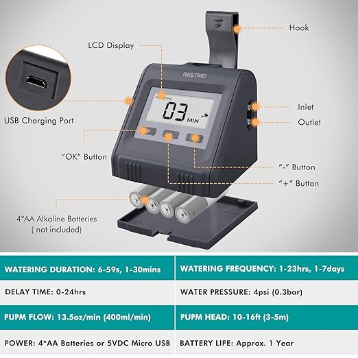 Automatic Watering System for Potted Plants, Micro DIY Self Drip Irrigation Kit with Programmable Water Pump Timer, Large Angled Display, Easy to Read, Ideal for Indoor Greenhouse Plants and Flowers