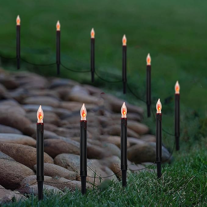 Halloween Pathway Lights Outdoor, 19.5Ft Halloween Pathway Marker String Lights with 10 C18 Flicker Flame Black Candles Stakes Lights Plug in Halloween Walkway Lights for Lawn Garden Sidewalk Driveway