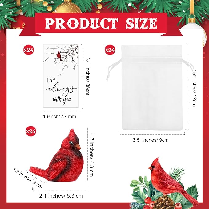 Roowest 72 Pcs Memorial Cardinal Gift Set Include Mini Red Cardinal Bird Statue Figures and Red Feathered Cards and Bags for Sympathy Memorial Gift