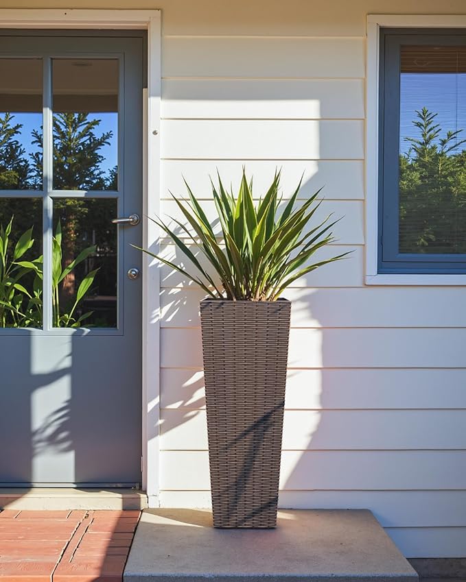 Greesum Large Tall Planter for Outdoors Plants, Set of 2, 32" Tall Plastic Flower Pots, Tapered Porch Planter with Drainage Holes for Patio, Backyard, Brown