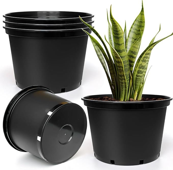 7 Gallon Plastic Nursery Pots, 15 Inch Large Plastic Pots for Plants, Round Plant Pots with Drainage Holes, Flower Pots for Outdoor Indoor Plants (5-Pack, Black)