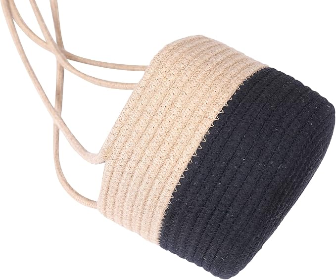 Hanging Planter Basket Jute Rope Woven Plant Hangers Indoor Hanging Plant Holder Up to 7" Pot Macrame Modern Storage Organizer Home Decor (Jute-Black)