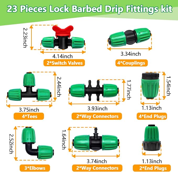 23 Pcs 1/2 Inch Drip Irrigation Fittings Kit (1/2" ID x 0.65" OD), 1/2 Inch Irrigation Tubing Set Including 4 Tees, 4 Couplings, 3 Elbows, 4 Reducer Tee, 4 Plugs, 2 Valves and 2 Faucet Adapter