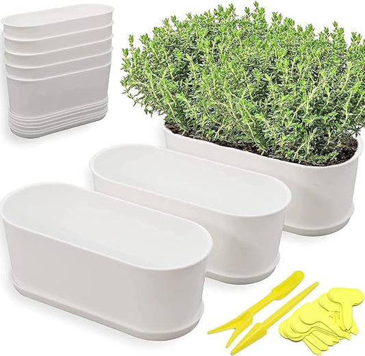 20 Set Window Herb Planter Box Rectangular,8.5x3.5 Inch White Plastic Planters with Multiple Drainage Holes and Trays,Indoor Succulent Cactus Mint Flower Pot for Windowsill,Garden Balcony