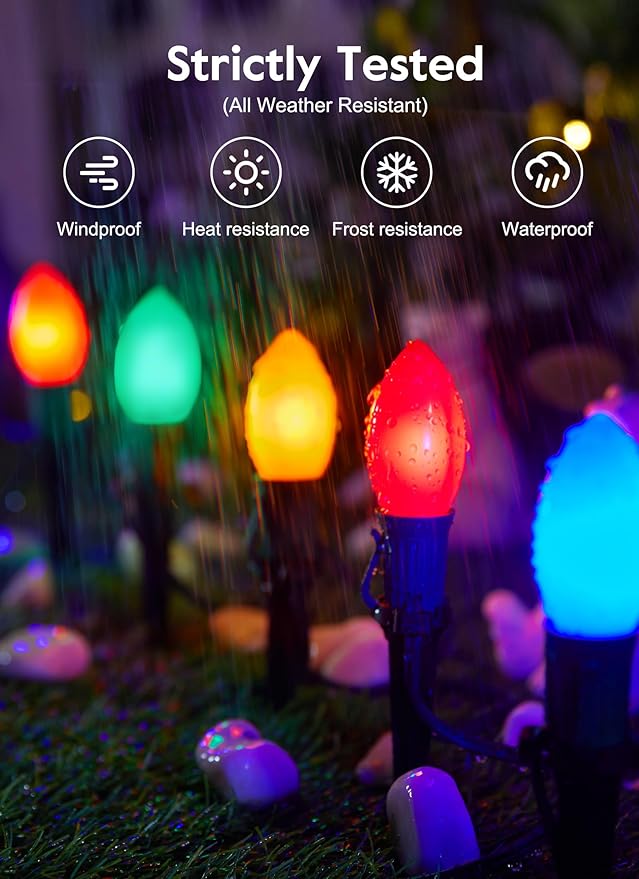 Brightown Frosted C9 LED Christmas Lights Outdoor, 2 Packs Total 64Ft Christmas Pathway Lights with 50 LED Bulbs and Stakes, Christmas Decorations Outside Driveway Walkway Sidewalk, Multicolor