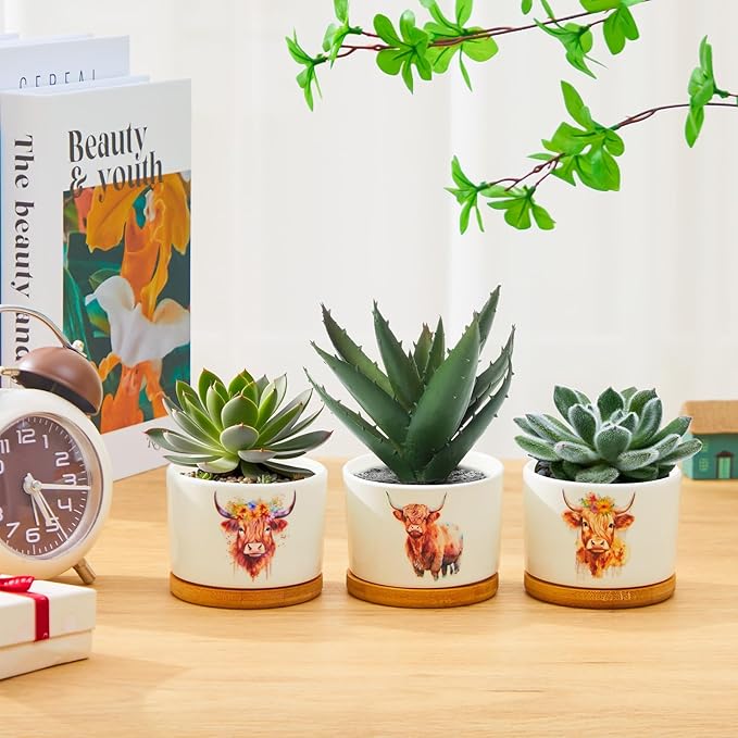 3 Pcs Highland Cow Decor Gift for Christmas Women Planter Ceramic Gift Animal Plant Pot with Bamboo Tray for Office Home Farm House Bathroom Kitchen Decorations (No Plants Included)
