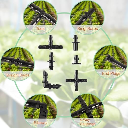 320PCS Drip Irrigation Parts, Barbed Connectors Drip Irrigation Fittings, Connect 1/4" Drip Irrigation Tubing, (End Plug,Elbows,Straight Barbs,Single Barbs,Tees, 4-Way Coupling) Drip Irrigation Kit