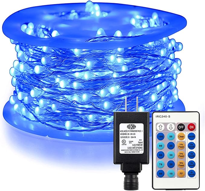 RUICHEN Blue Dimmable Fairy Lights Plug in, Super Long 165 Ft 500 LED Twinkle String Lights with Remote, Waterproof Silver Wire Firefly Lights for Christmas Wedding Party Bedroom Patio Garden