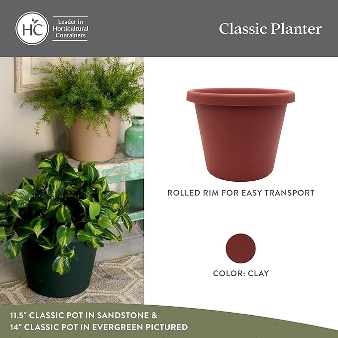 The HC Companies 14 Inch Round Classic Planter - Plastic Plant Pot for Indoor Outdoor Plants Flowers Herbs, Clay Color